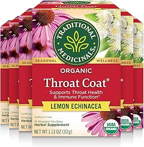 Traditional Medicinals Tea, Organic Throat Coat Lemon Echinacea, Supports Throat Health & Immune Fuction, 96 Tea Bags (6 Pack)