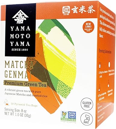Yamamotoyama Matcha Genmai Pyramid Green Tea Bag, 10 ct. Box (Pack of 6), Green Tea with Roasted Rice